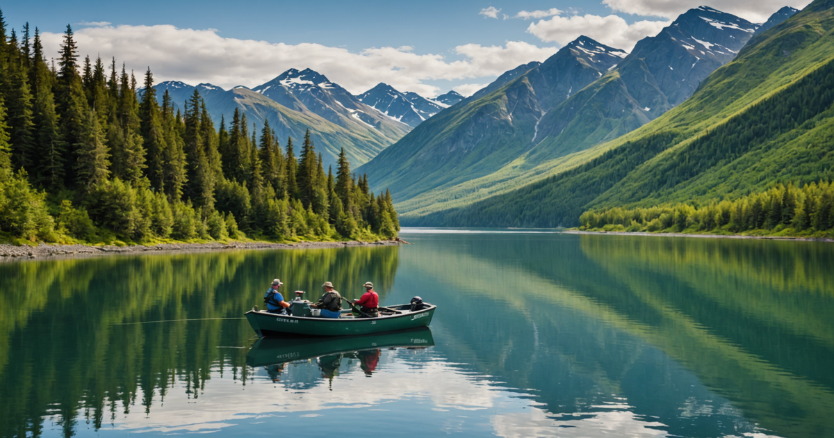 A guided fishing boat on Alaskan waters with anglers preparing their gear