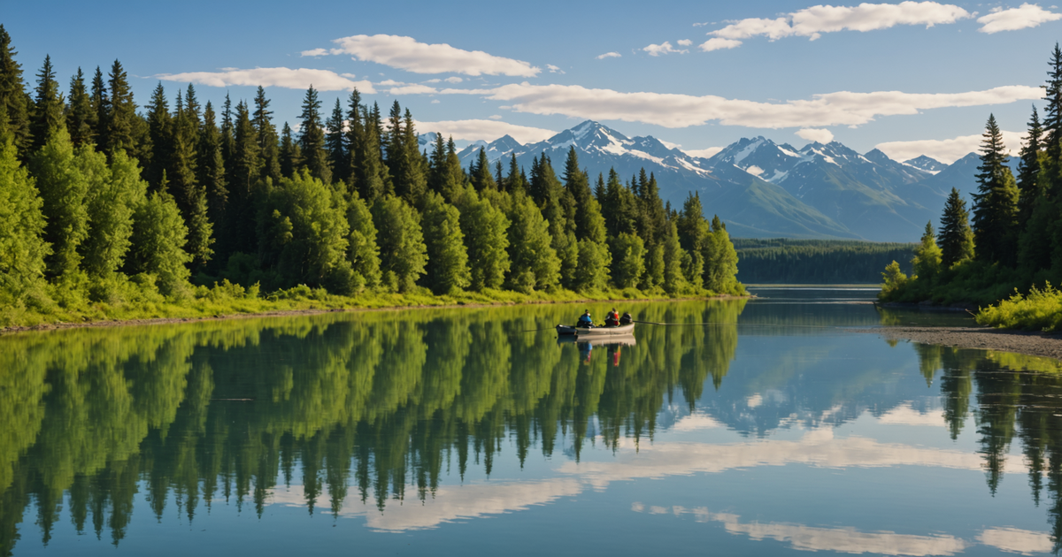Scenic view of the Kenai River with anglers fishing