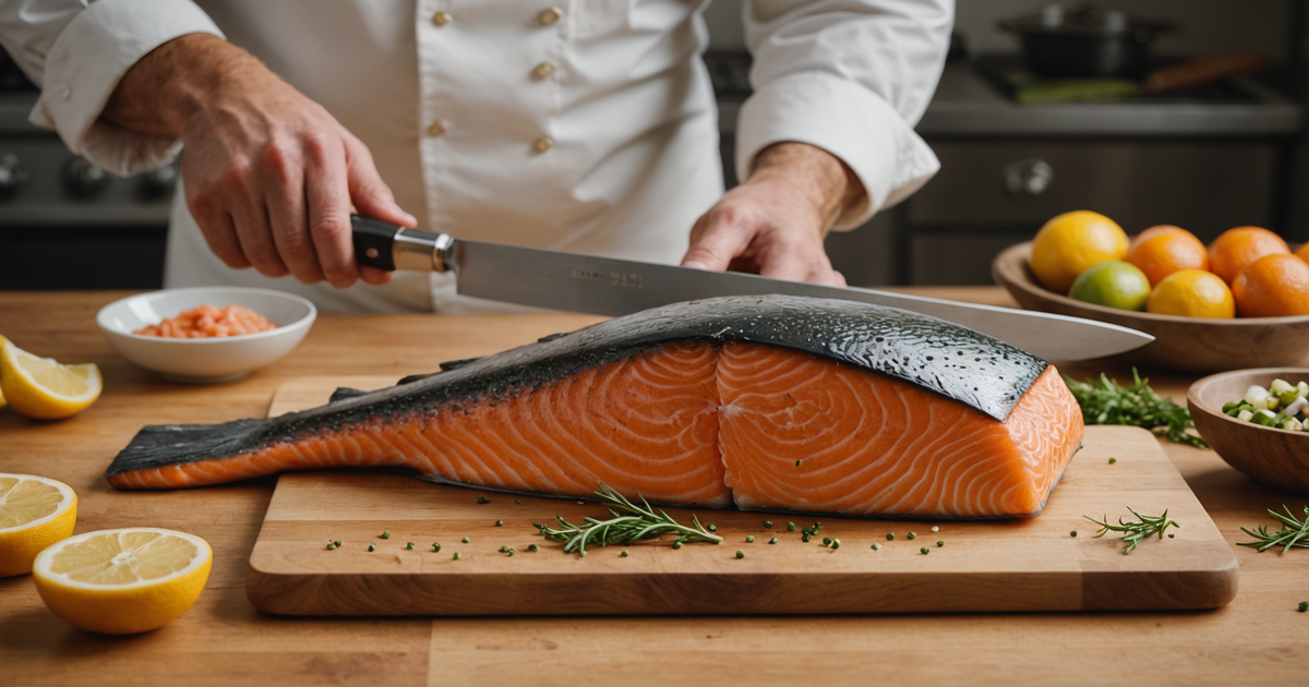 A diagram showing the correct knife placement for the initial cut behind the gills of a king salmon.