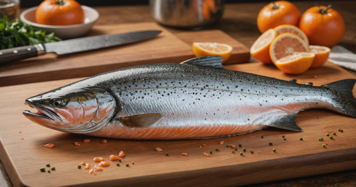 Illustration depicting the process of skinning a king salmon fillet with a knife.