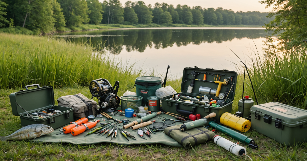A selection of fishing gear laid out by a riverbank
