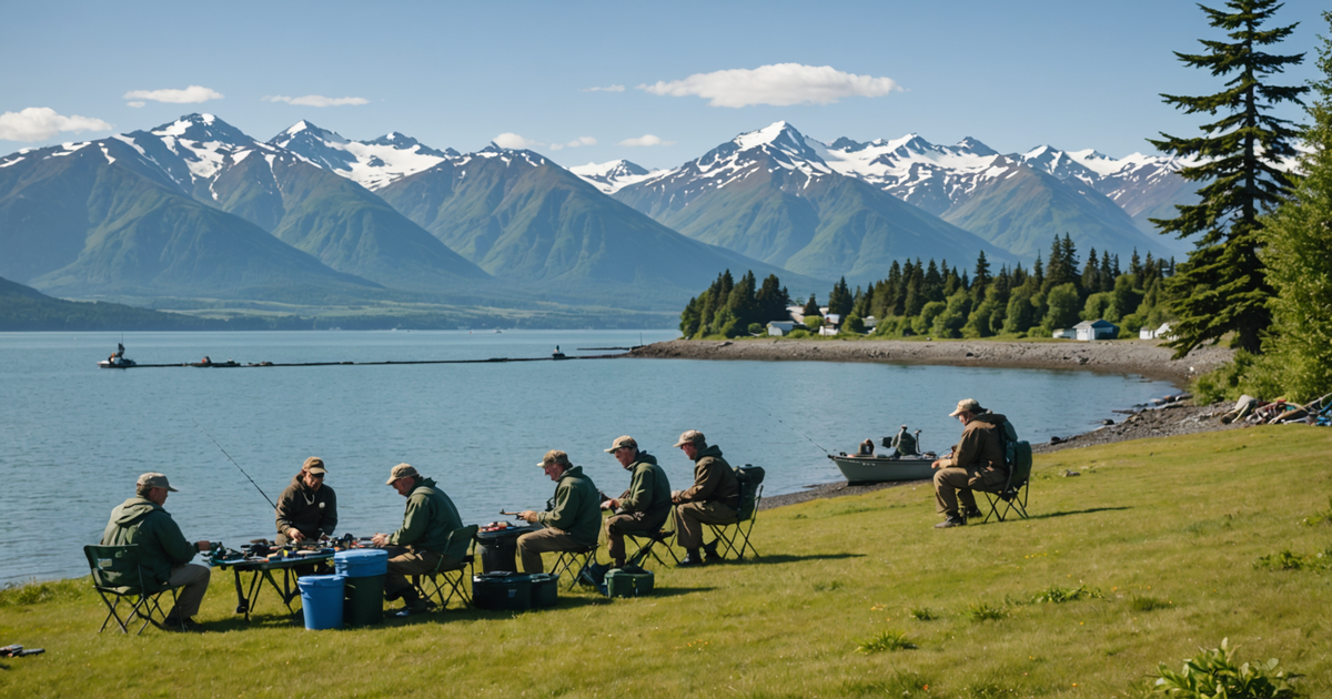 A scenic view of Homer with anglers preparing for a salmon fishing trip