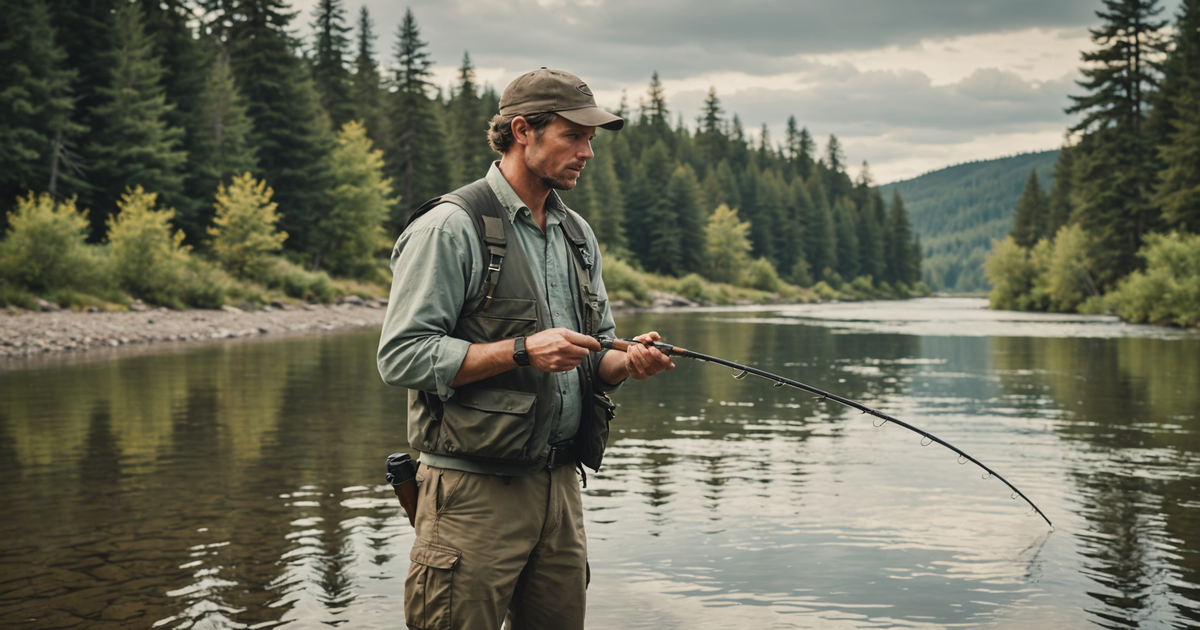 An angler in action, reeling in a salmon