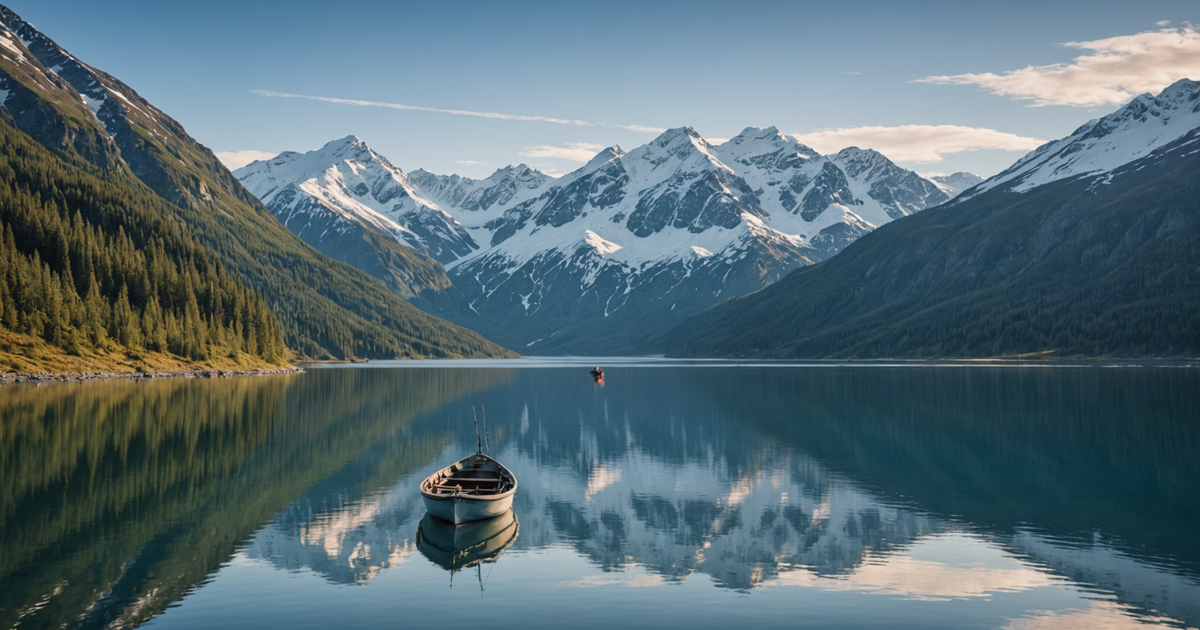 A stunning Alaskan landscape with a fishing boat on the water, surrounded by mountains.