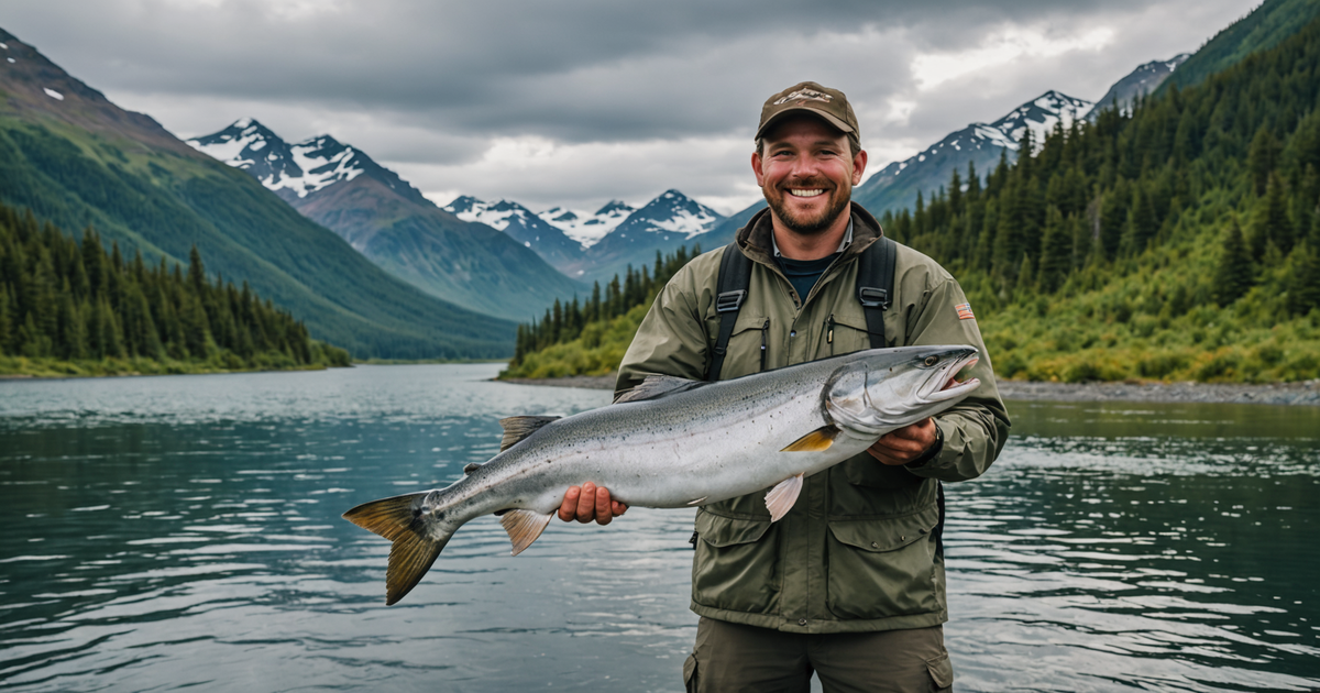 An angler proudly holding a large king salmon against the backdrop of Alaskan wilderness.