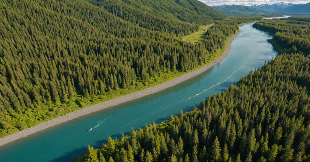 Aerial view of the Kenai River with anglers fishing for king salmon.