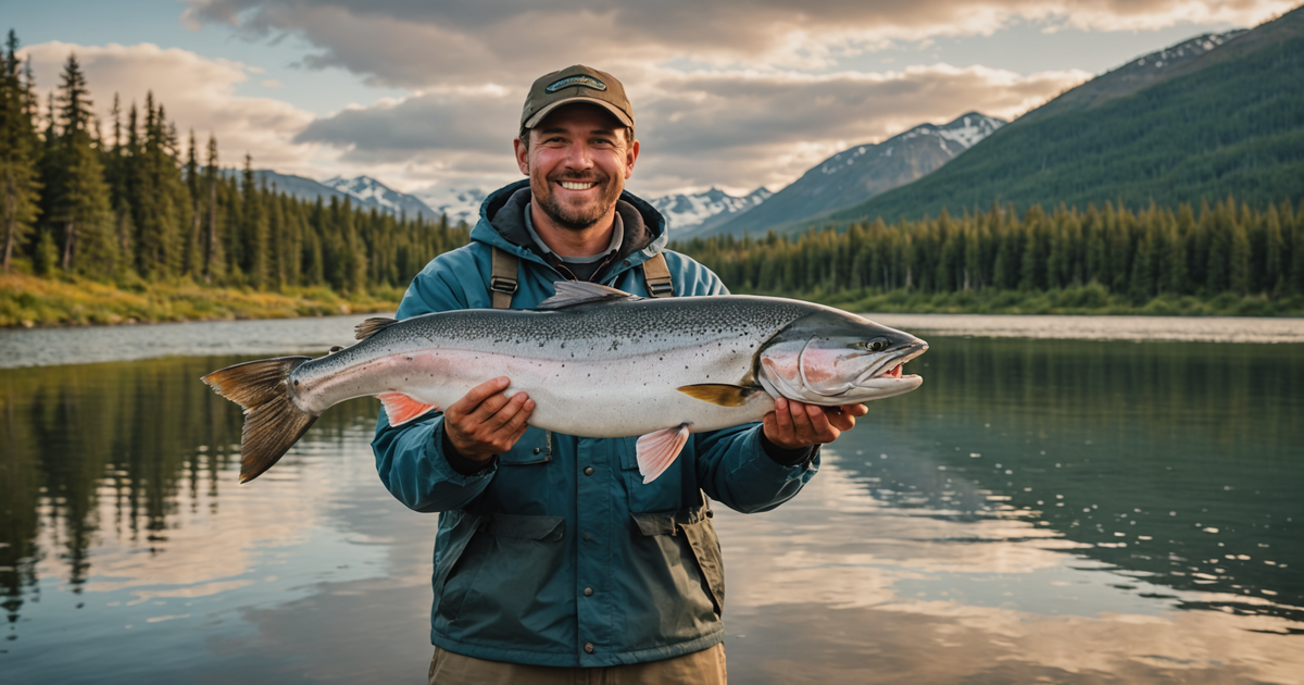 A happy angler holding a large king salmon caught on the Kenai River.
