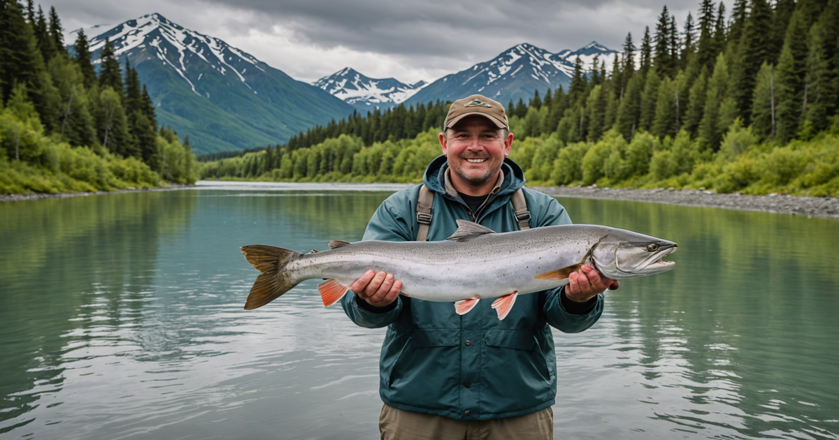An angler proudly holding a king salmon on the Kenai River.