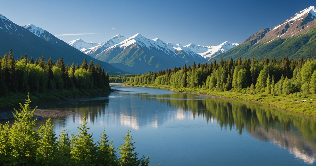 Scenic view of the Kenai River with mountains in the background.