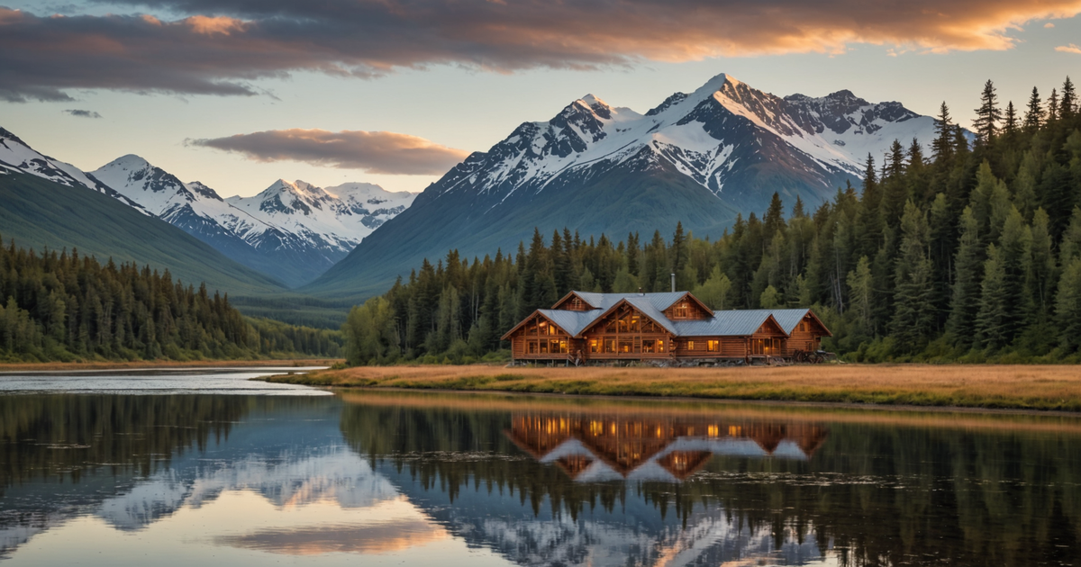 A scenic view of a King Salmon Lodge nestled in the Alaskan wilderness, with mountains and a river in the background.