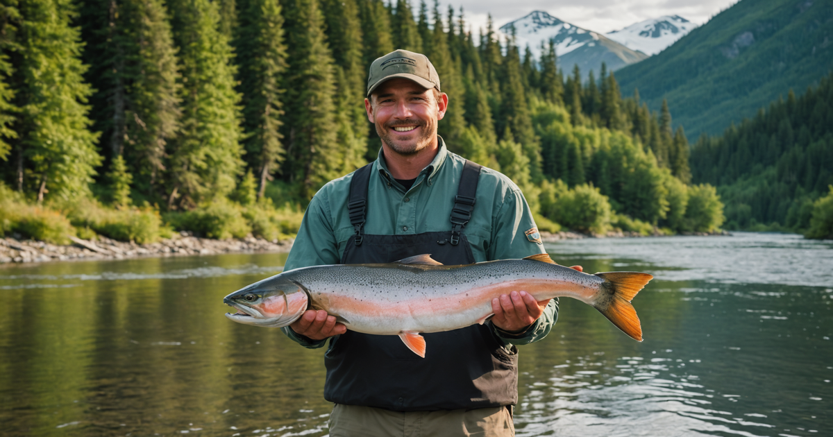 An angler proudly holding a king salmon caught in the pristine waters of an Alaskan river.