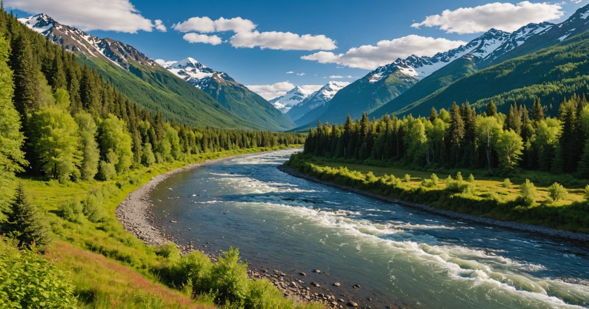 A panoramic view of a scenic Alaskan river teeming with salmon, surrounded by lush forests and distant mountains.