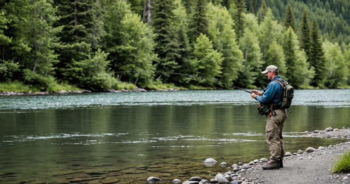 An angler casting a line into a crystal-clear Alaskan river, with a focus on the variety of tackle suitable for salmon fishing.