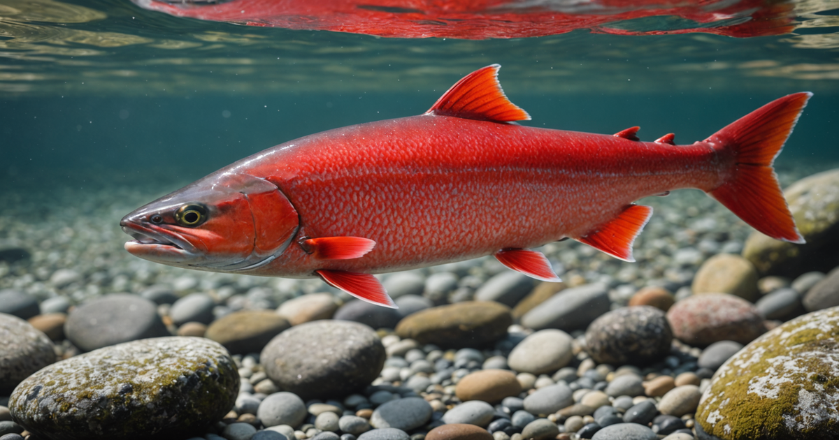 A vibrant depiction of the Sockeye salmon in their spawning phase, showcasing their distinctive red hue.