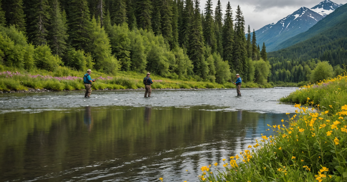 Anglers fishing for pink salmon in a picturesque Alaskan river during peak season.
