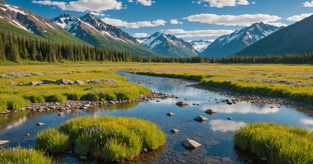 A serene Alaskan landscape in early summer