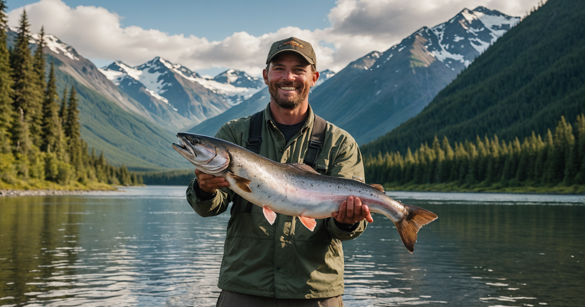 A happy angler holding a freshly caught salmon against a backdrop of Alaskan wilderness