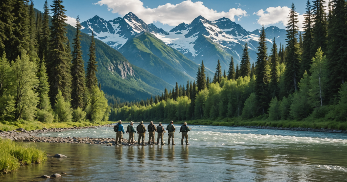 A guided fishing group on an Alaskan river