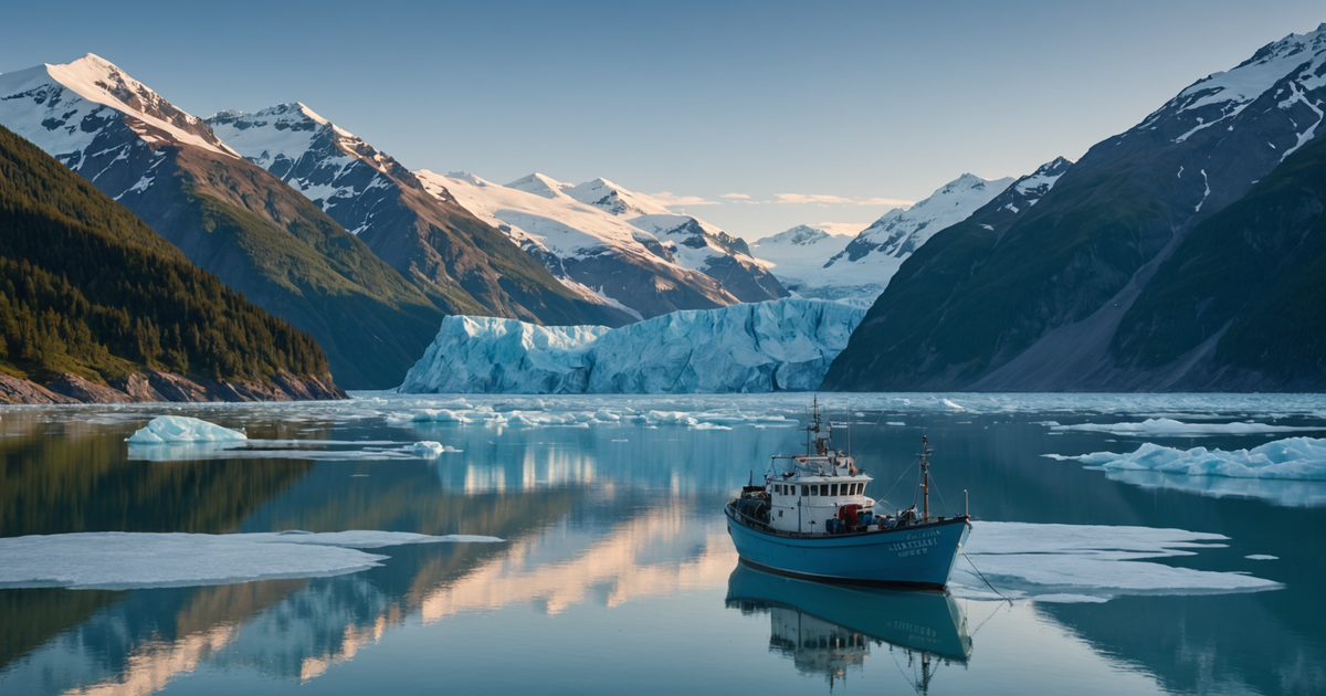 A scenic view of a fishing boat surrounded by Alaskan glaciers
