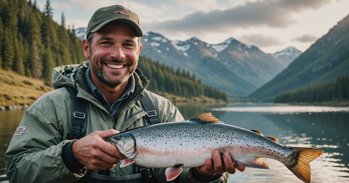 Close-up of an angler holding a freshly caught salmon in Alaska