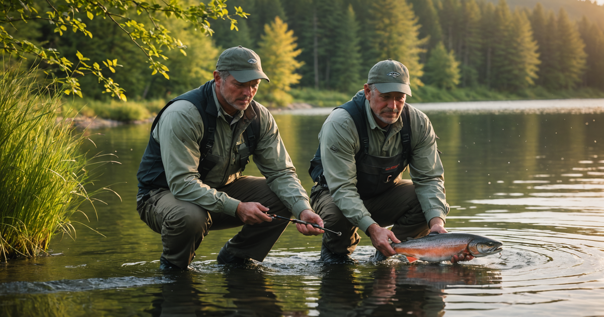 An angler releasing a salmon back into the water, showcasing responsible fishing