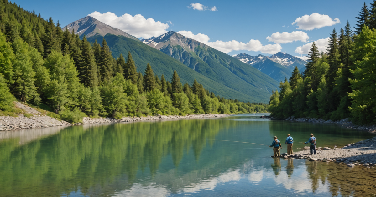 A serene view of fishermen on a tranquil river in Skagway