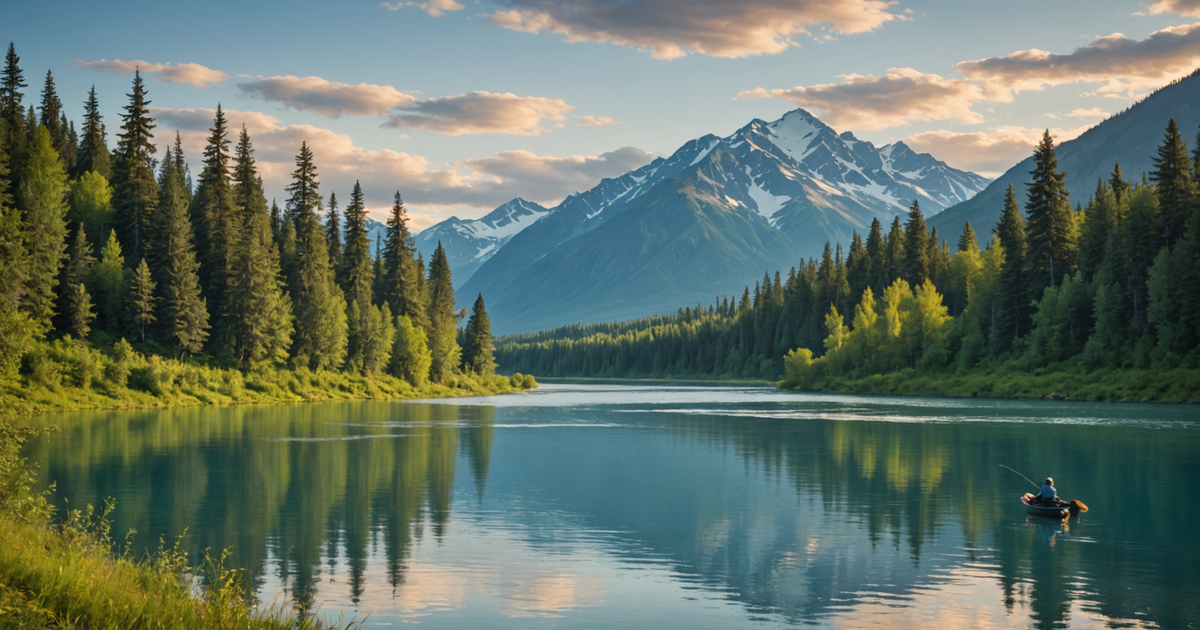A stunning view of the Kenai River with anglers casting lines