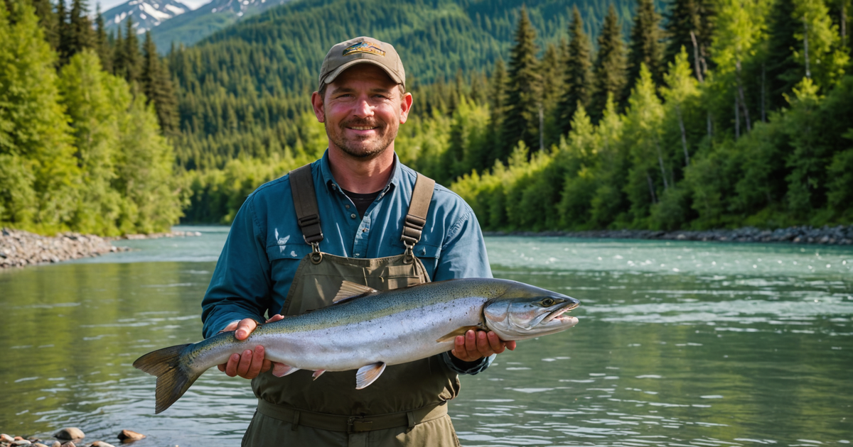 An angler proudly displaying a freshly caught king salmon on the Kenai River