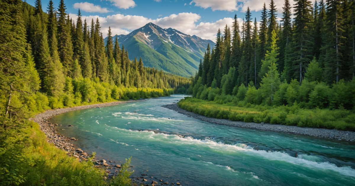 A vibrant Kenai Peninsula river, teeming with salmon and surrounded by lush forests.
