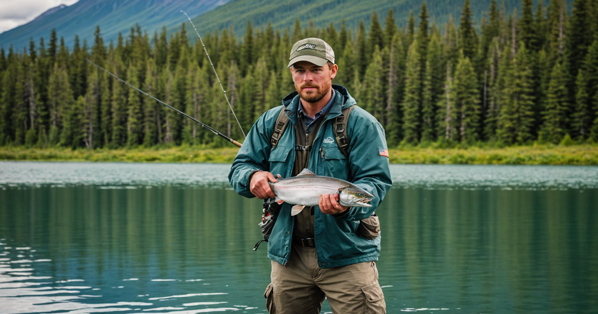 An angler successfully reeling in a large salmon against the picturesque backdrop of the Kenai Peninsula.