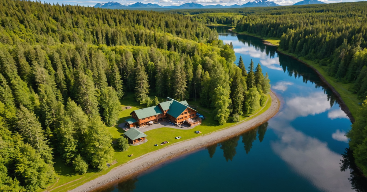 Aerial view of a salmon fishing lodge in Alaska surrounded by lush greenery and rivers