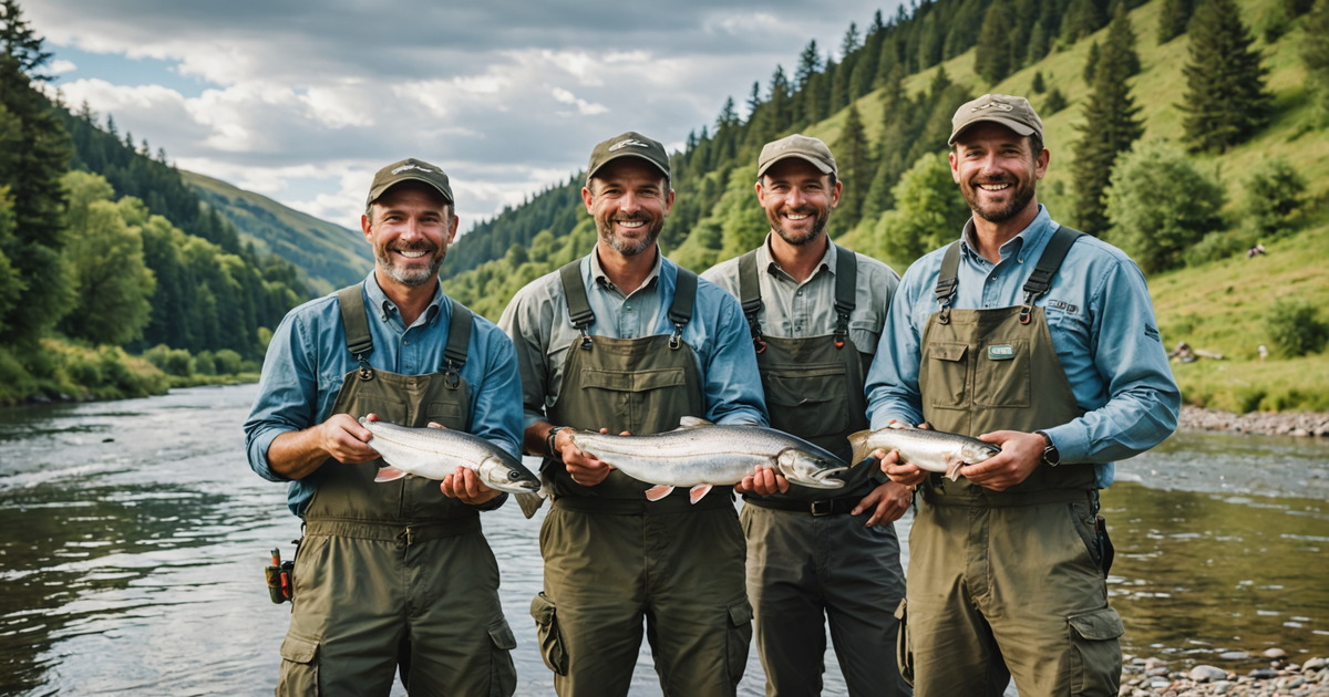 A group of anglers with their guide on a riverbank, holding freshly caught salmon