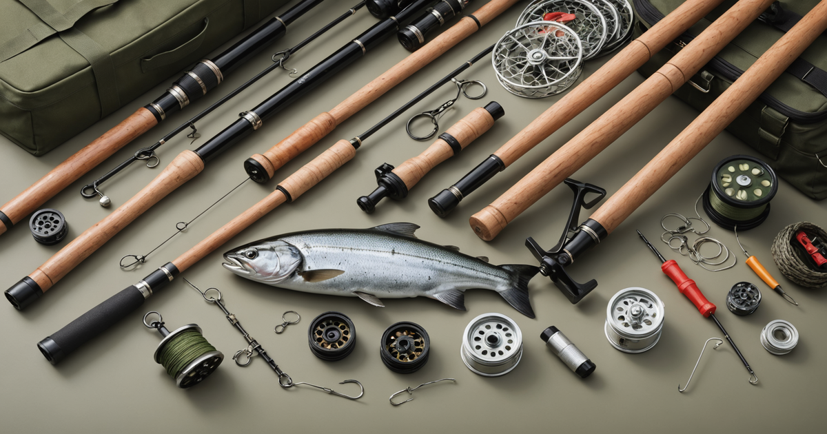 An assortment of salmon fishing gear including rods, reels, and tackle boxes