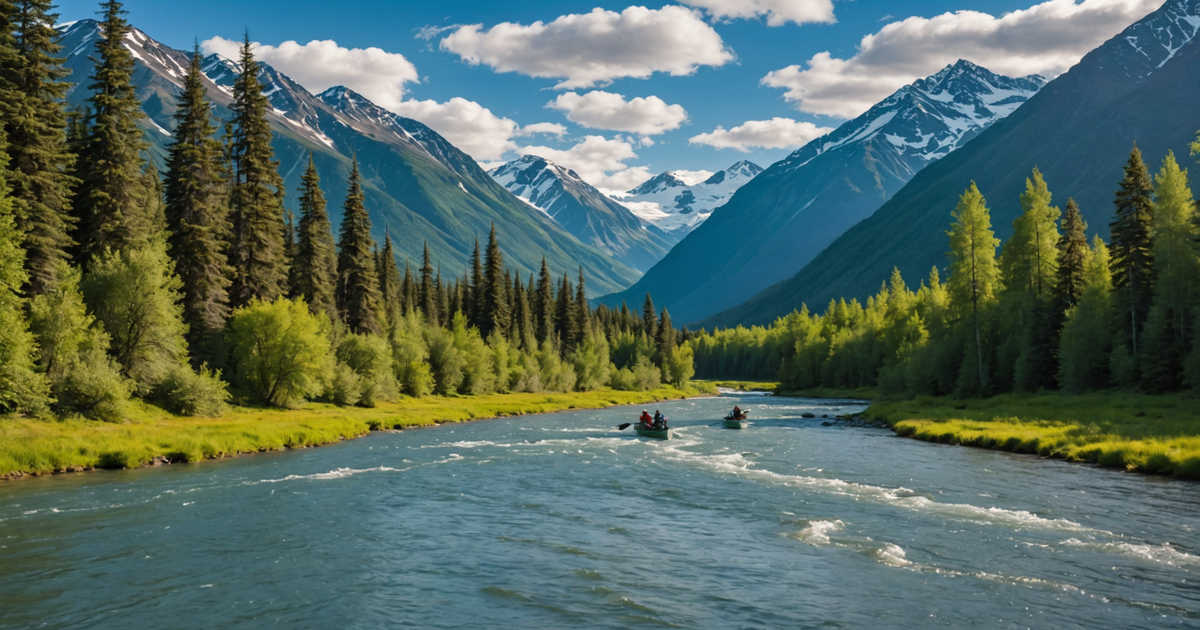 A stunning Alaskan river with anglers casting lines, surrounded by mountains and forests