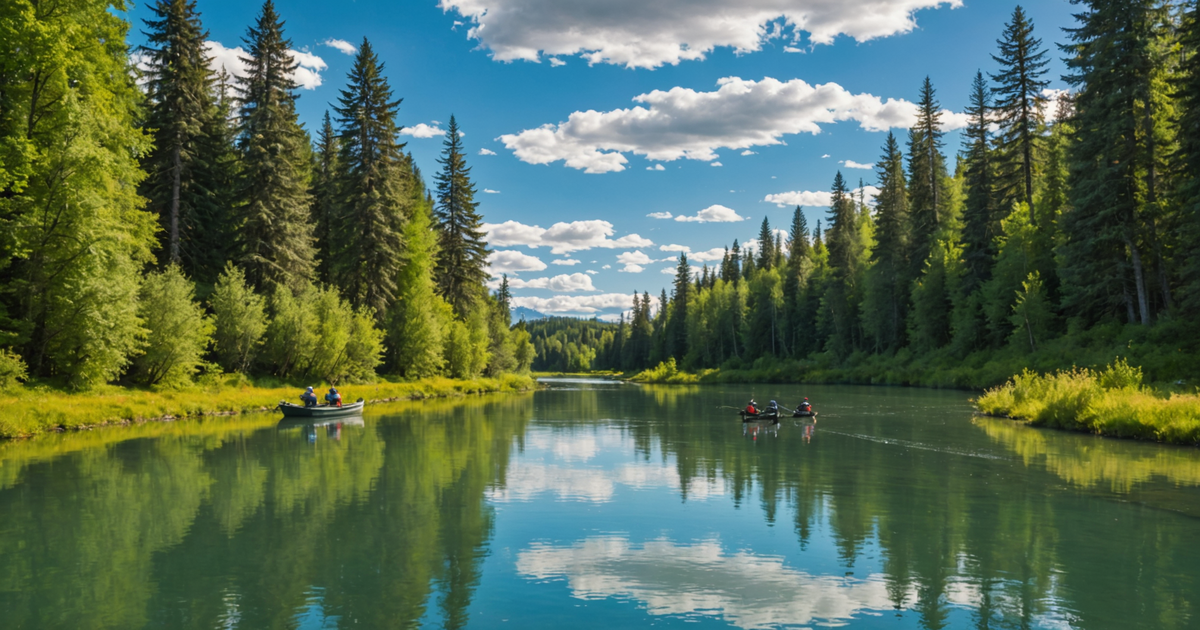 A vibrant scene of anglers fishing along the Kenai River, with lush landscapes and clear waters.