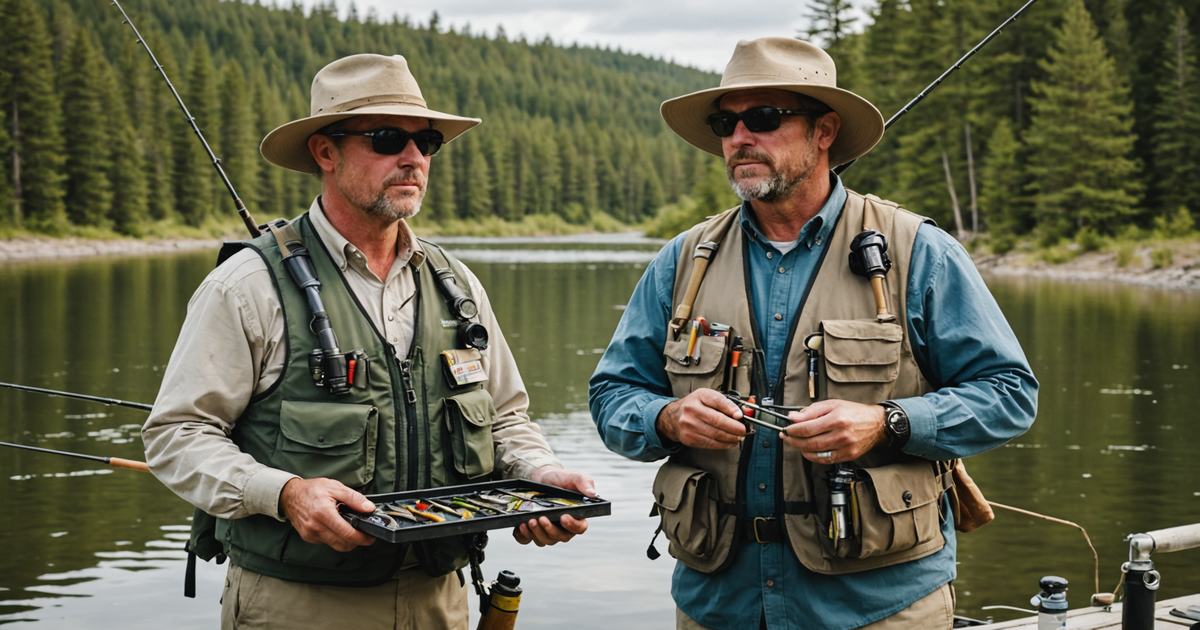 A well-equipped angler preparing for a fishing trip with a local guide, showcasing fishing gear and attire.