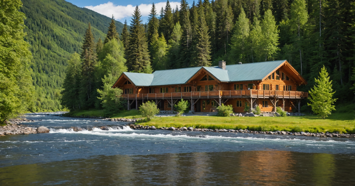 Scenic view of a salmon lodge nestled beside a river in Alaska.