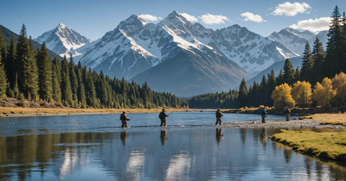 Anglers fishing in a river during the salmon run with majestic mountains in the background.