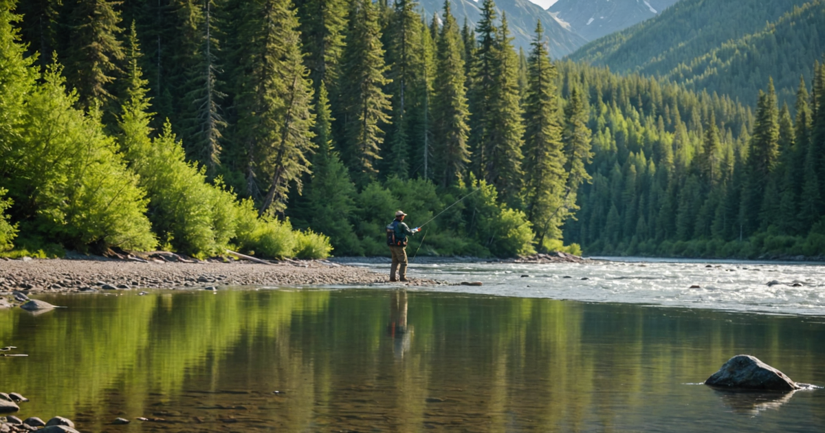 An angler in action, casting a line into a scenic Alaskan river