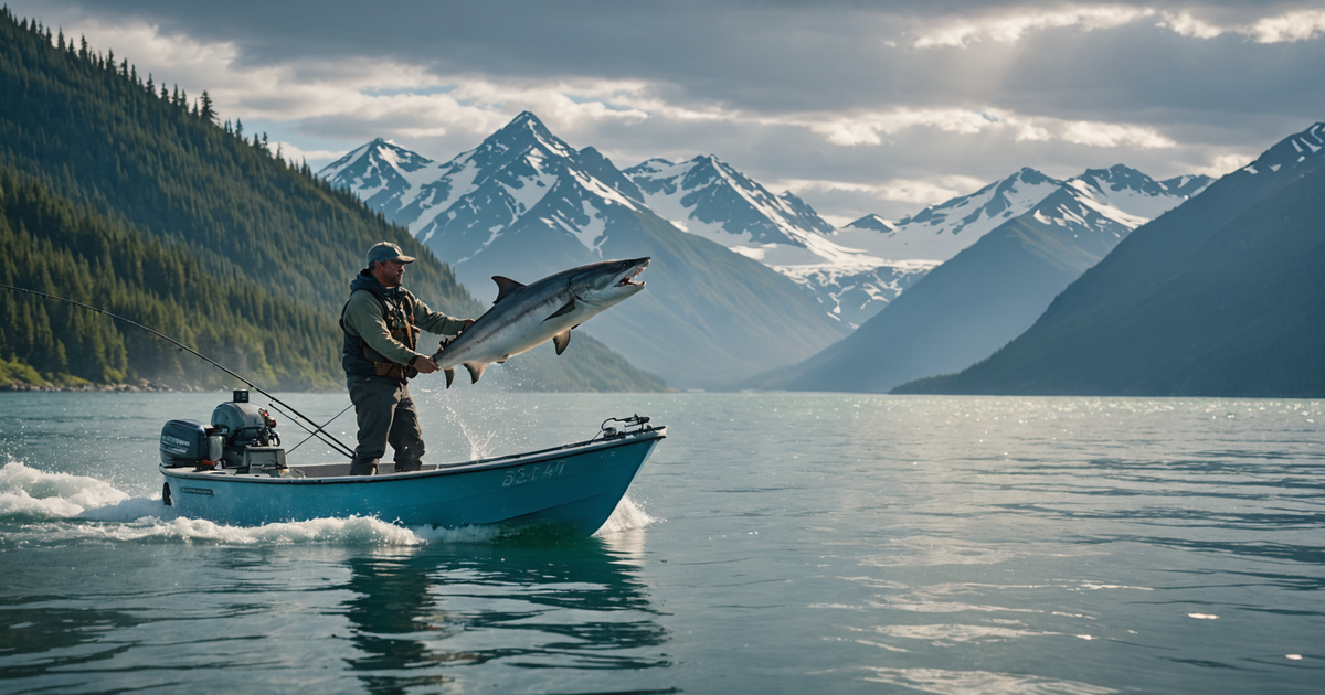 An angler battling a salmon shark in the Alaskan waters.