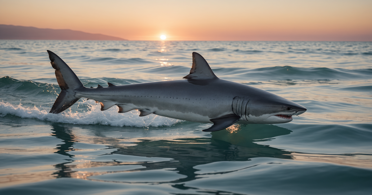 A close-up of a salmon shark being released back into the ocean as part of catch-and-release practices.