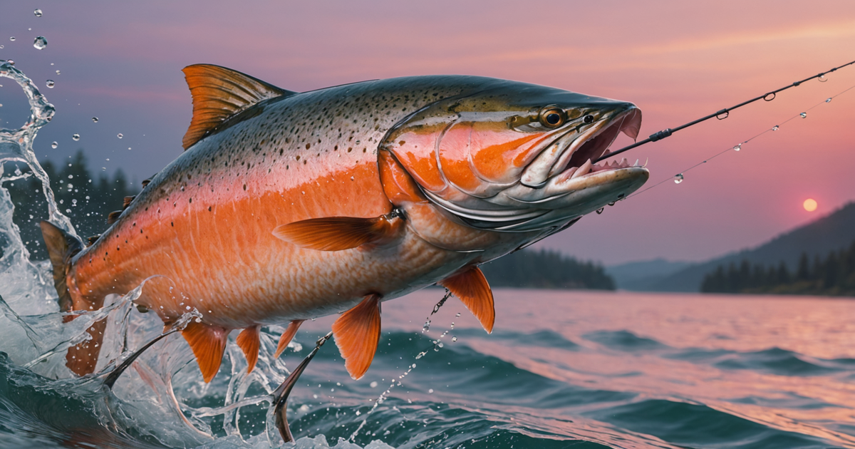 A close-up of a salmon being reeled in, showcasing its vibrant colours and the thrill of the catch