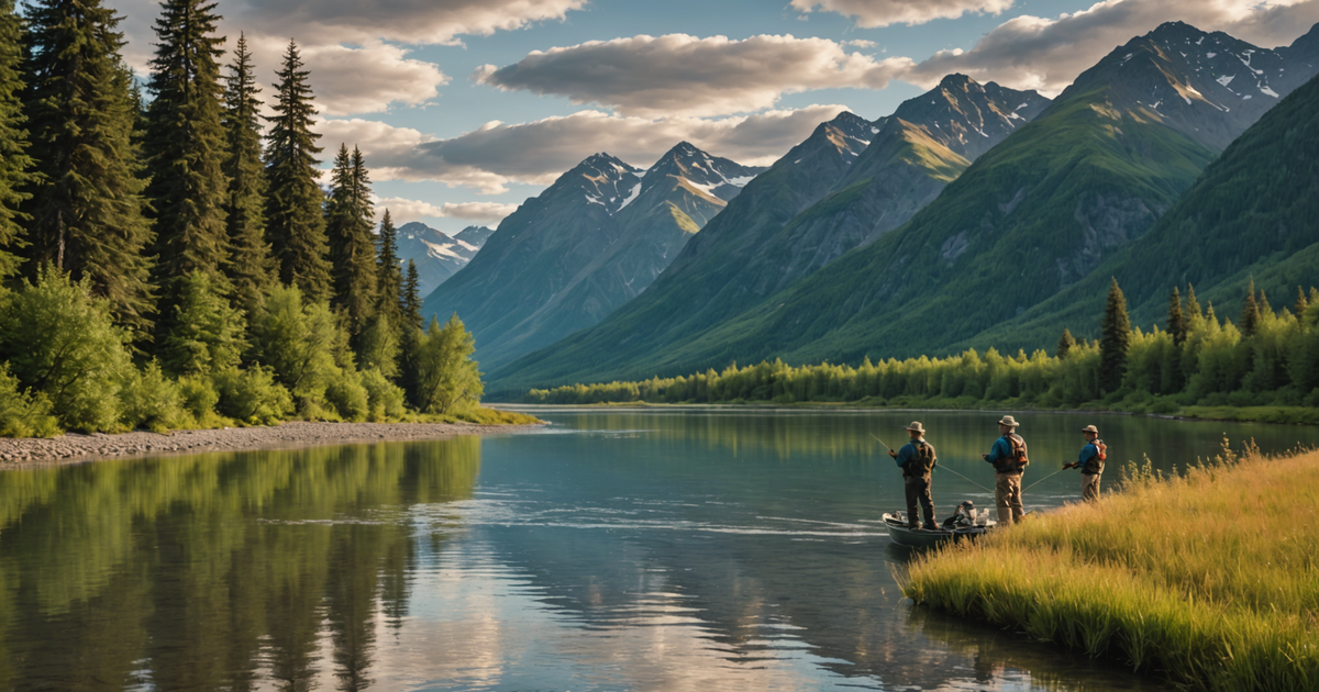 Scenic view of an Alaskan river with anglers fishing for silver salmon
