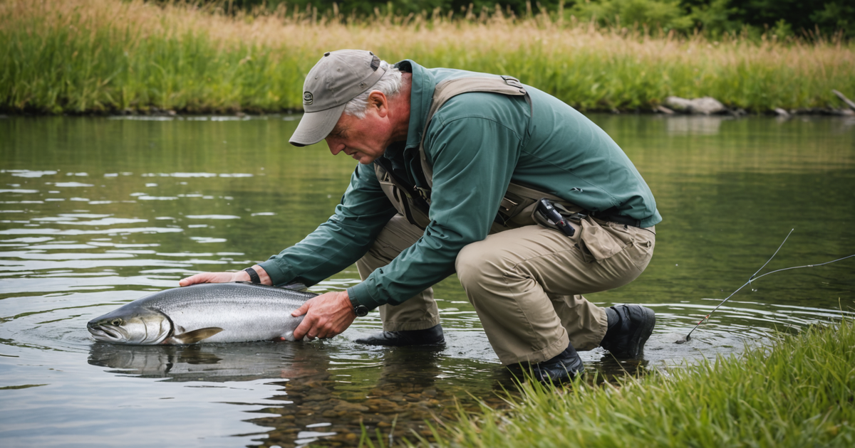 An angler carefully releasing a silver salmon back into the water