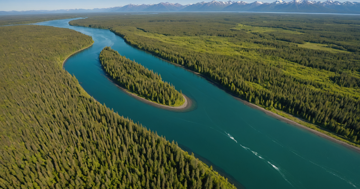 Aerial view of the Kenai River teeming with sockeye salmon