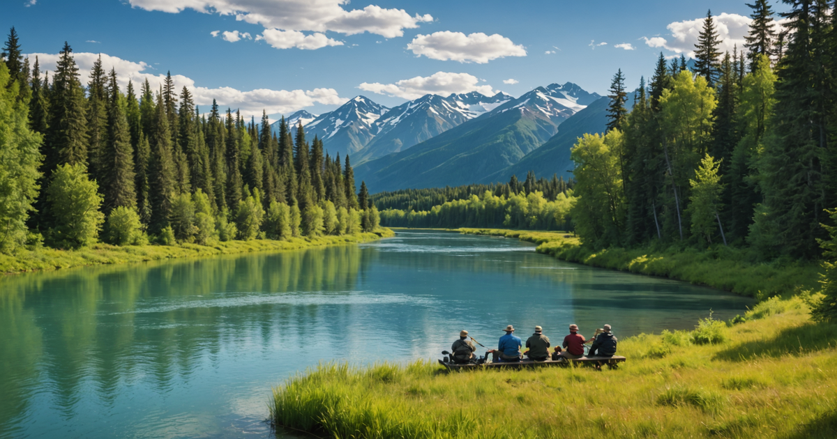 A picturesque view of the Kenai River with anglers casting their lines