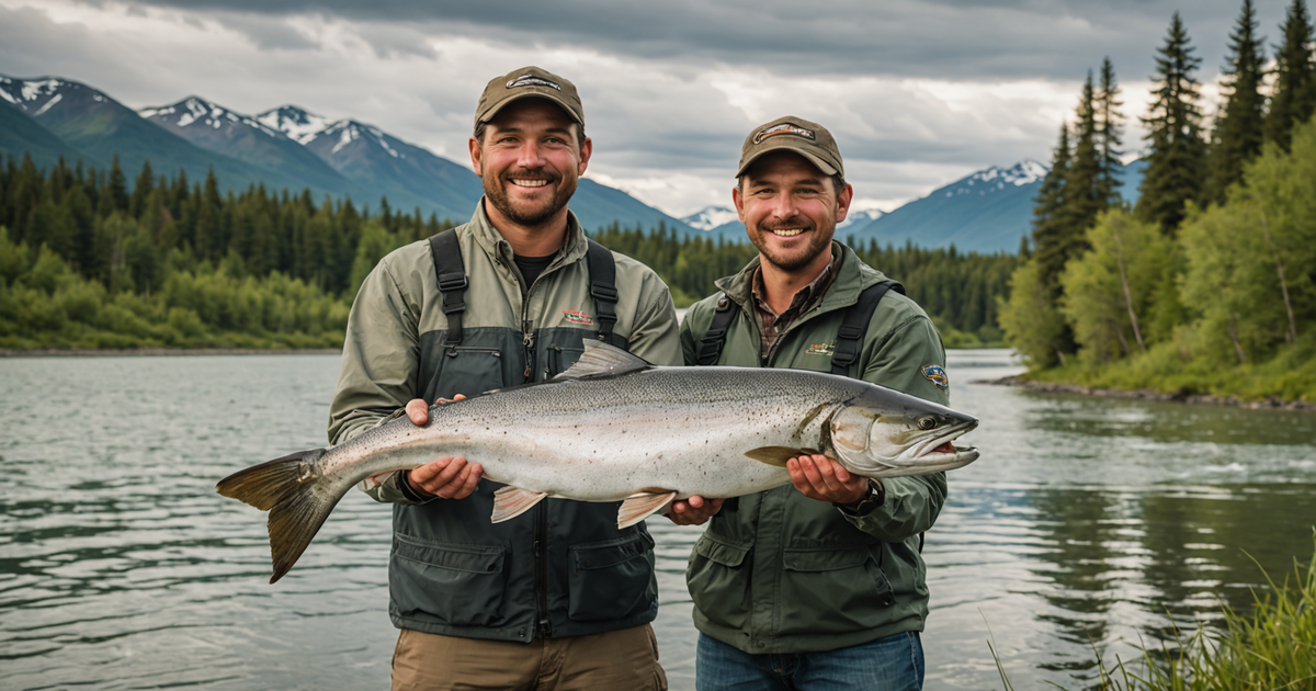 An angler proudly holding a large king salmon on the banks of the Kenai River