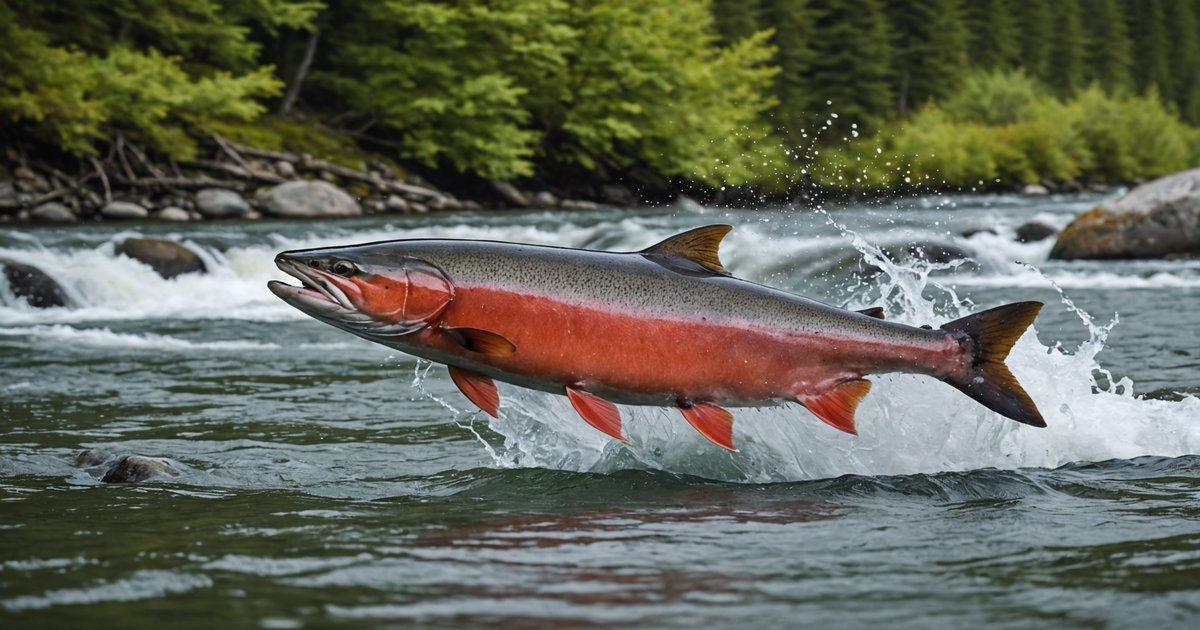 Sockeye salmon leaping upstream in Alaskan river