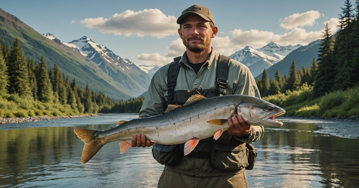 Angler holding a large Chum salmon in an Alaskan river