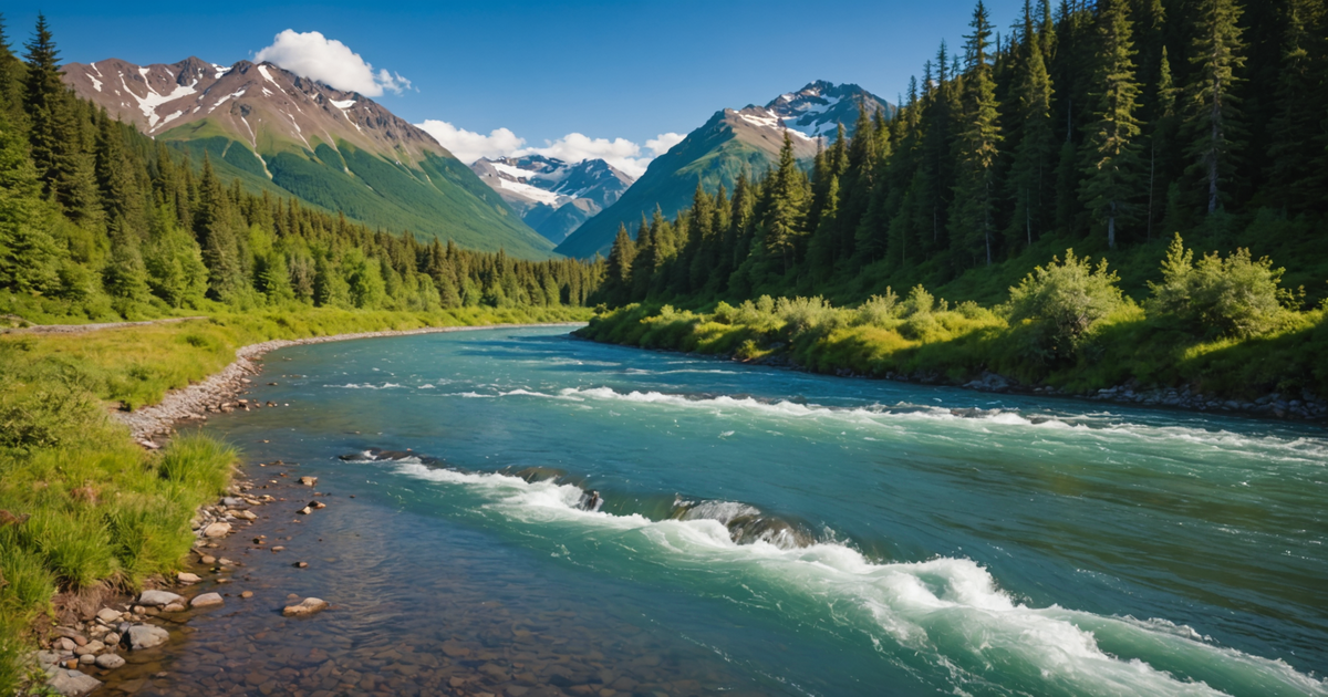 A picturesque Alaskan river teeming with salmon during peak season.